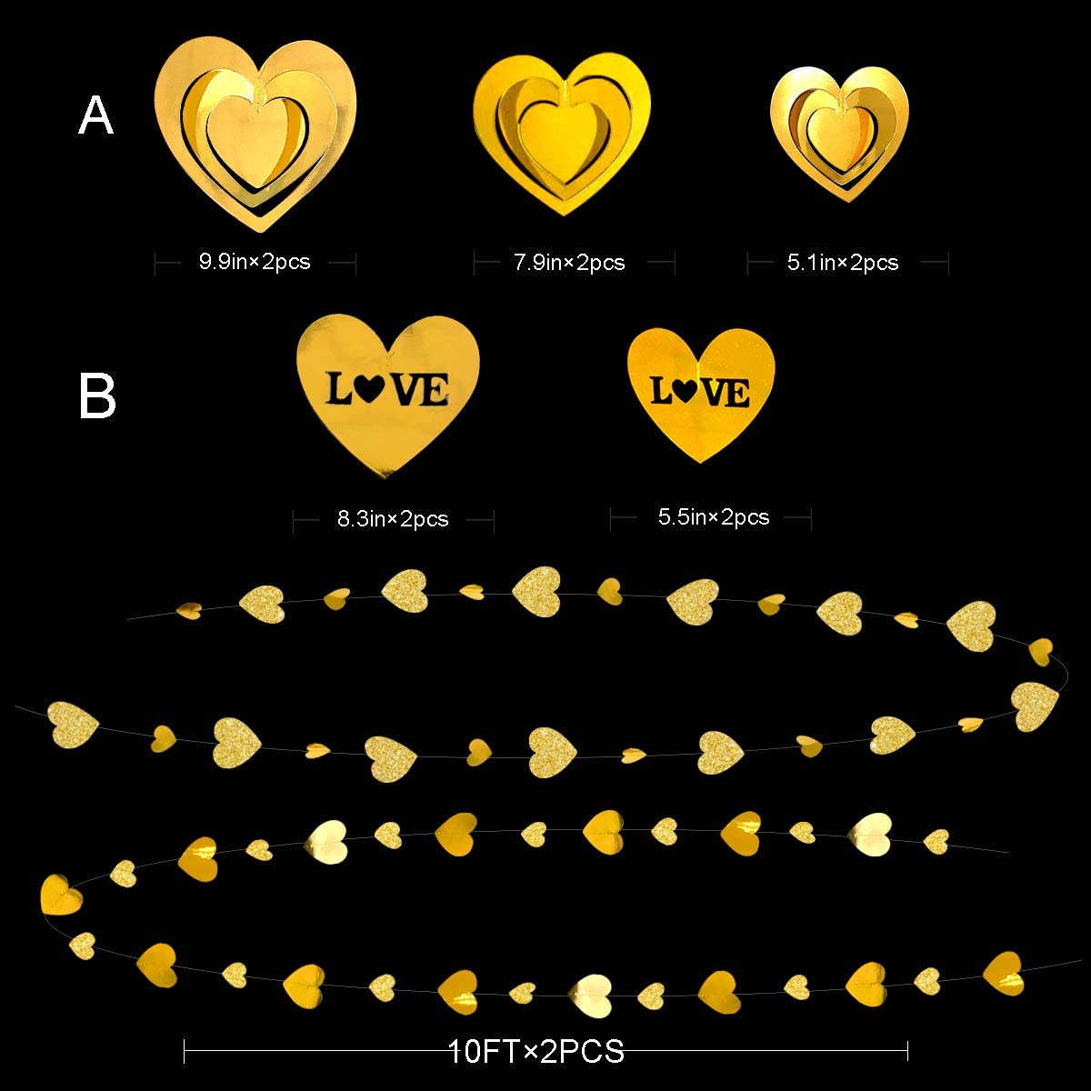 Gold 3D Love Heart Garland