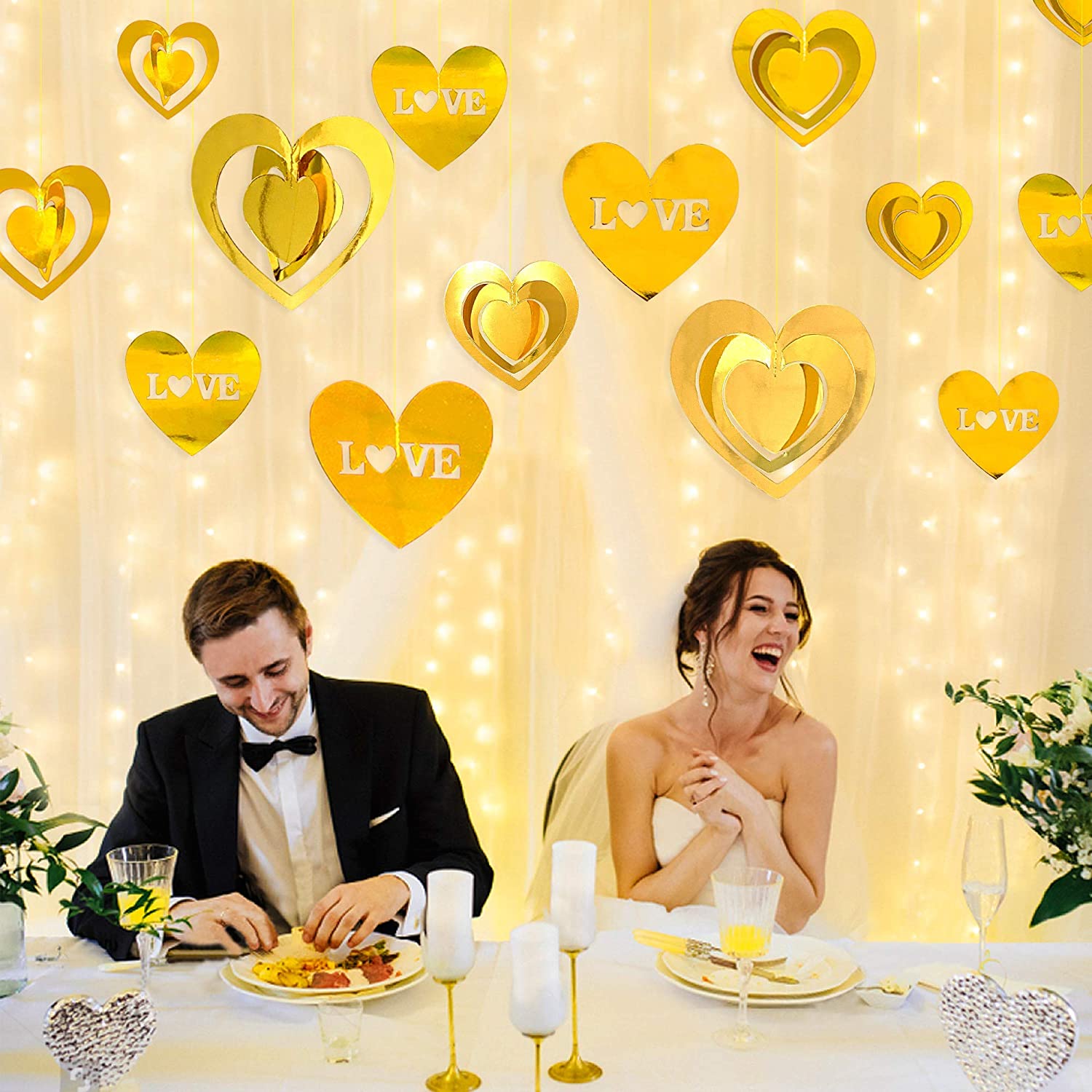 Gold 3D Love Heart Garland