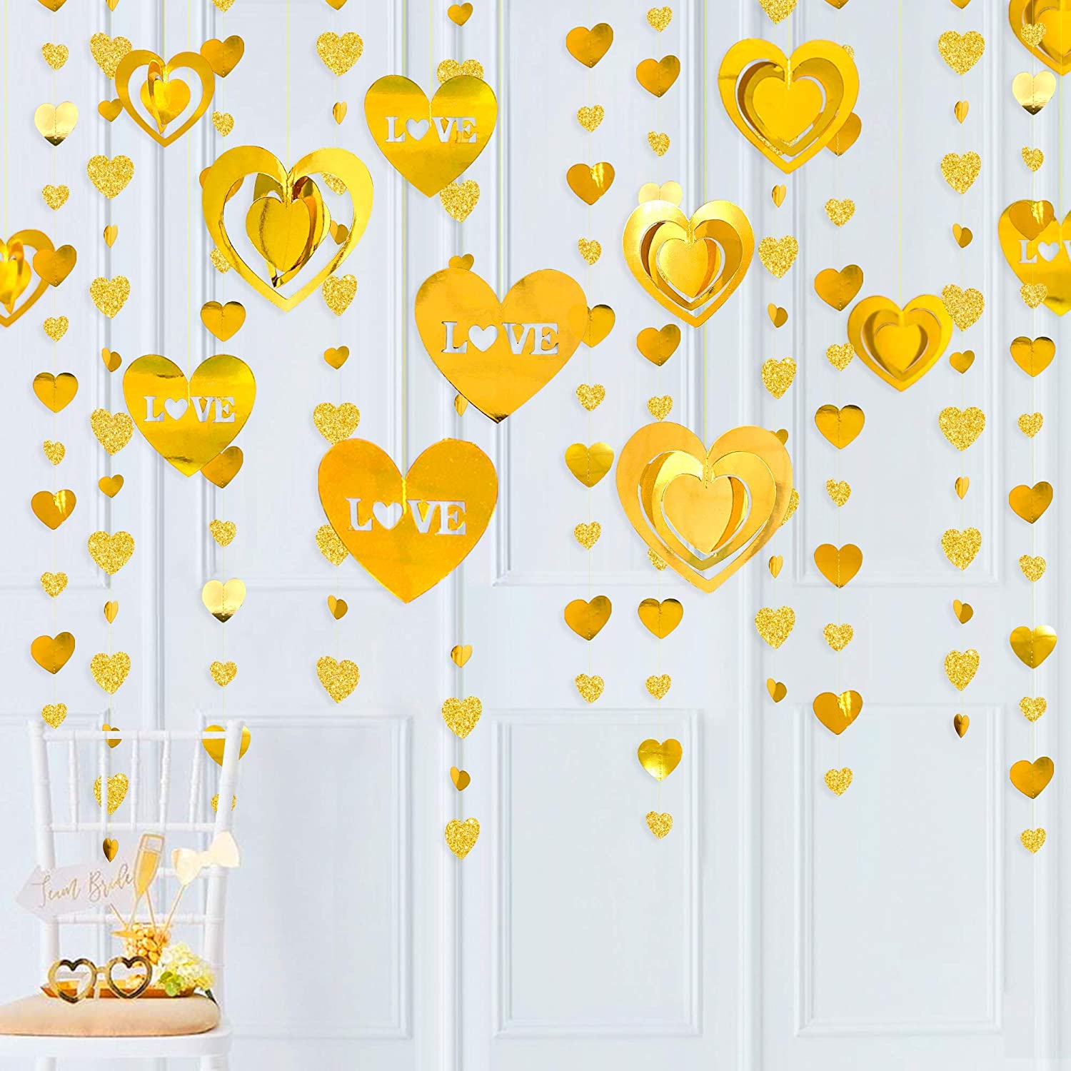 Gold 3D Love Heart Garland