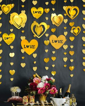 Gold 3D Love Heart Garland