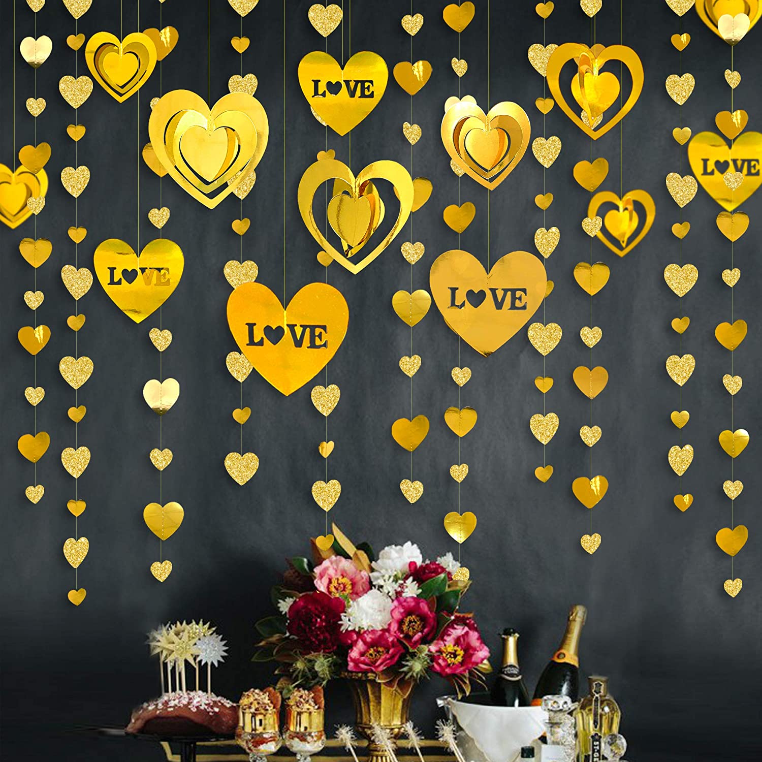 Gold 3D Love Heart Garland
