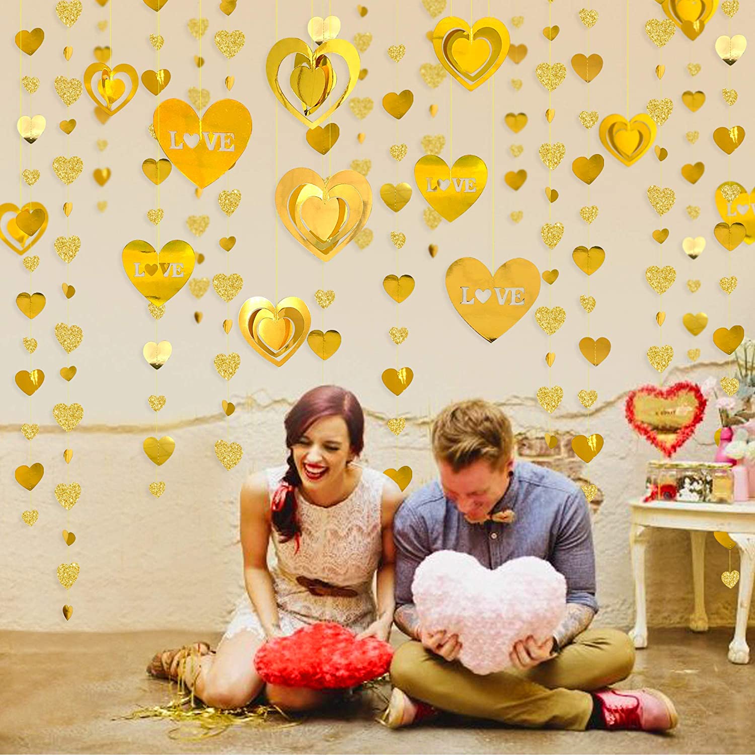 Gold 3D Love Heart Garland