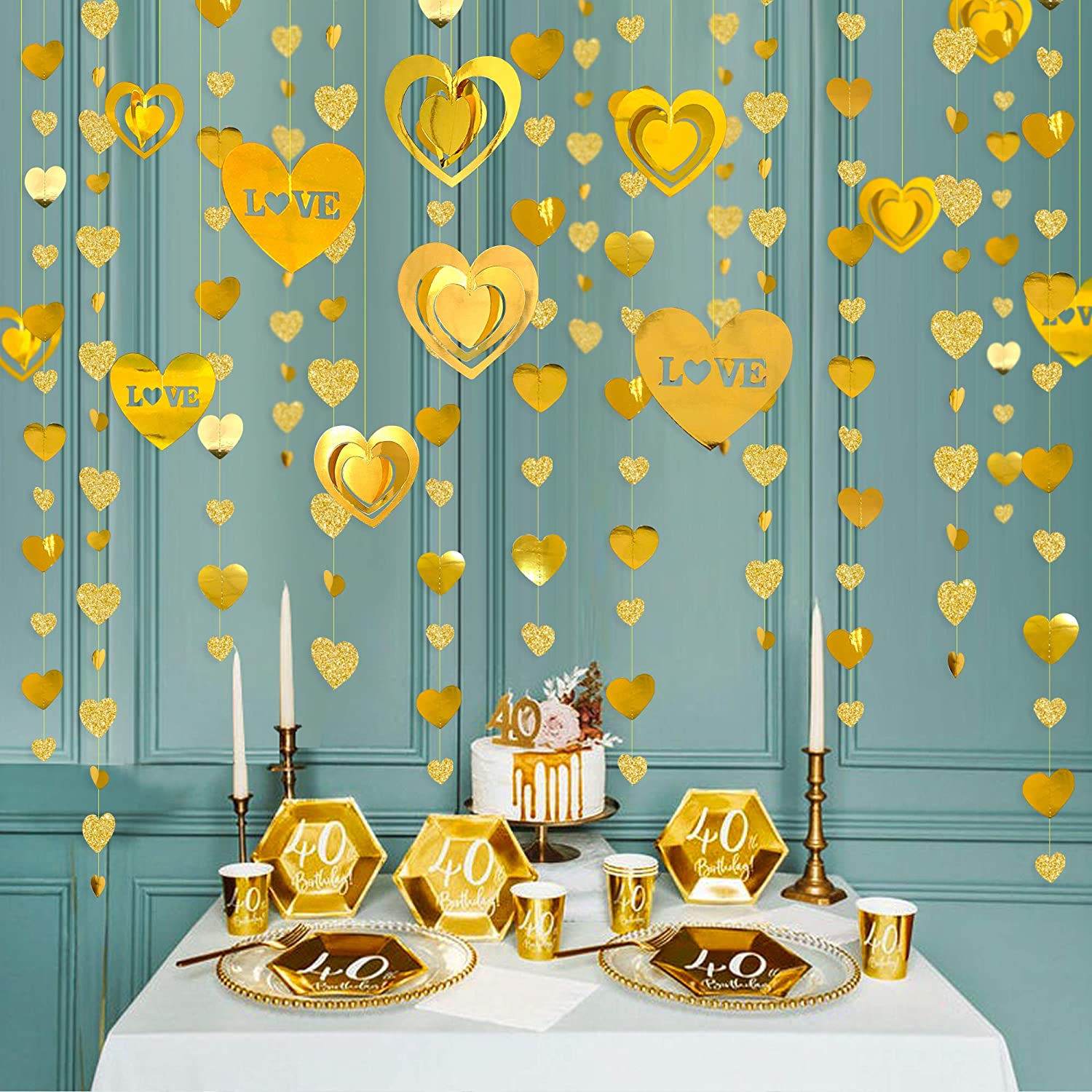 Gold 3D Love Heart Garland