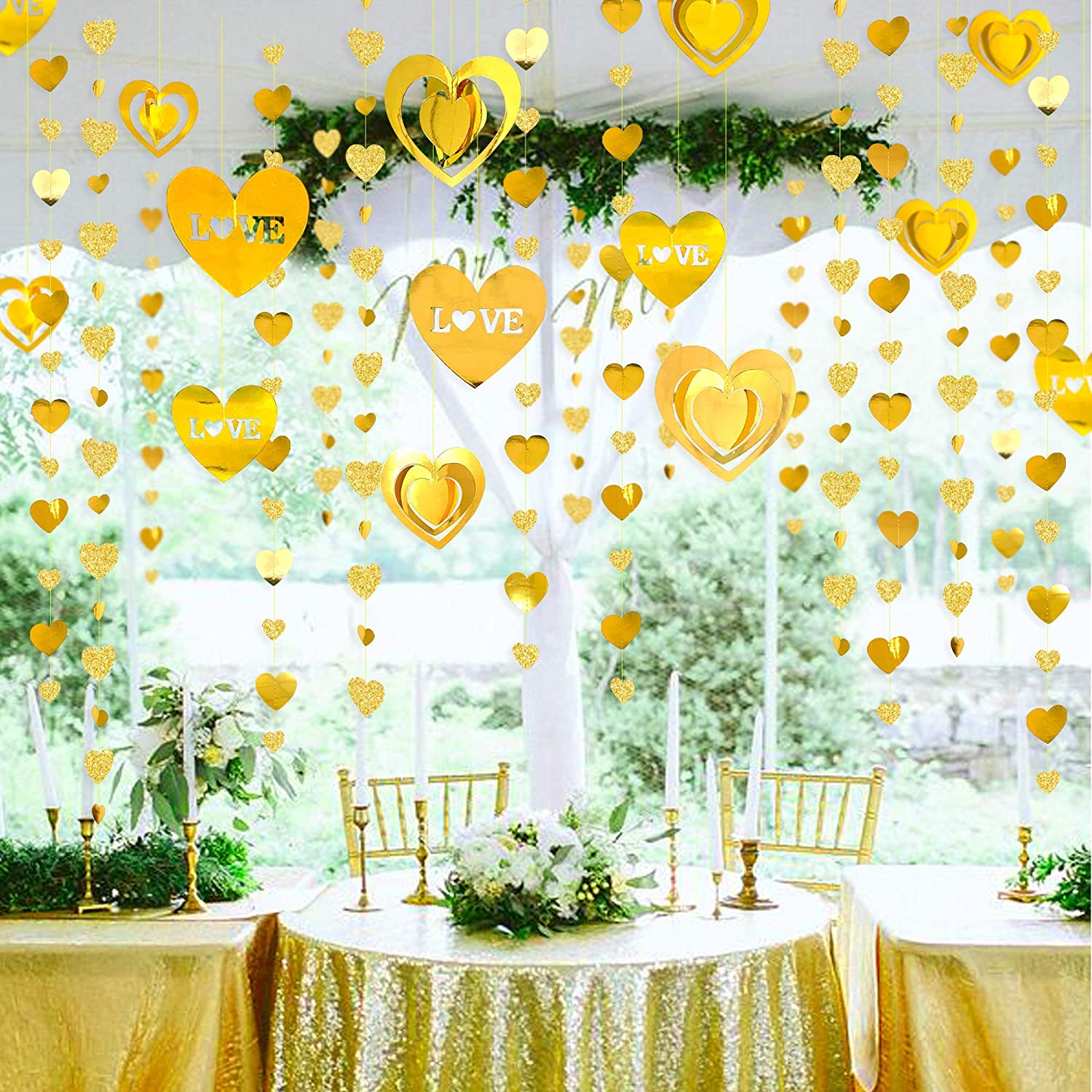 Gold 3D Love Heart Garland