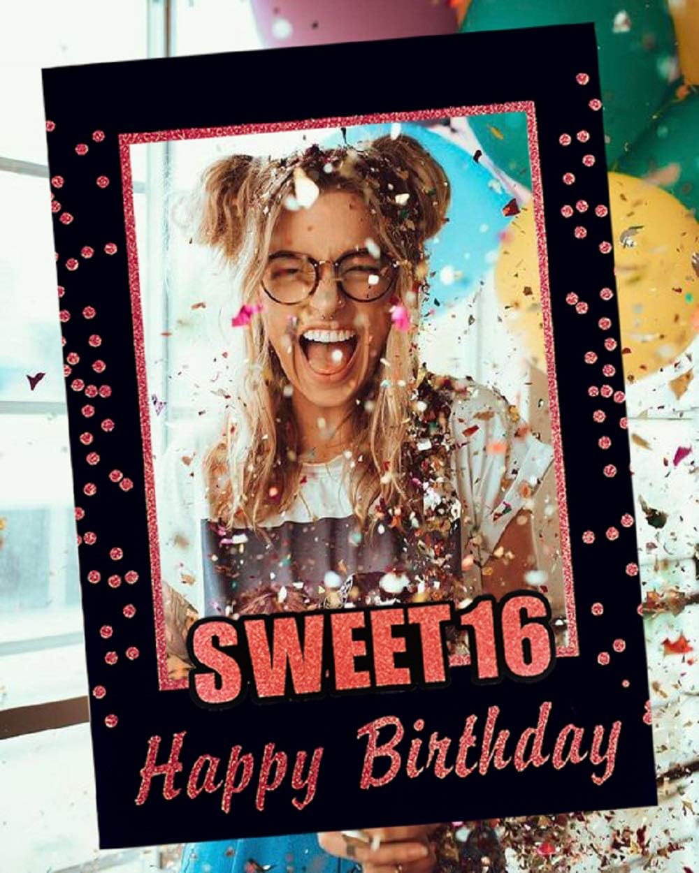 HOWAF 40Pcs Sweet 16 Photo Booth Props - Black Gold 16th Birthday Selfie Decorations