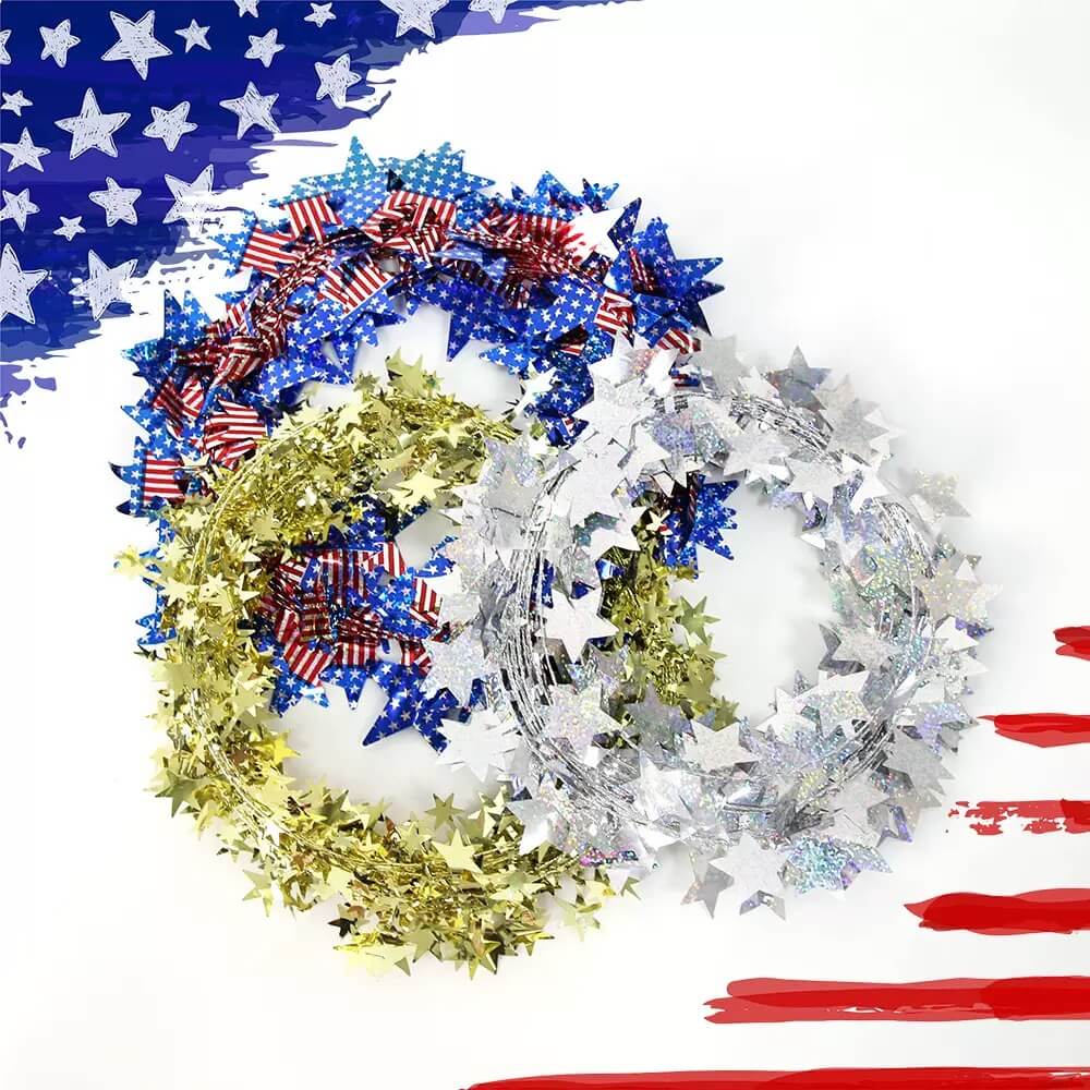 Patriotic Tinsel Garland Decoration  Star Metallic Tinsel Twist Garland